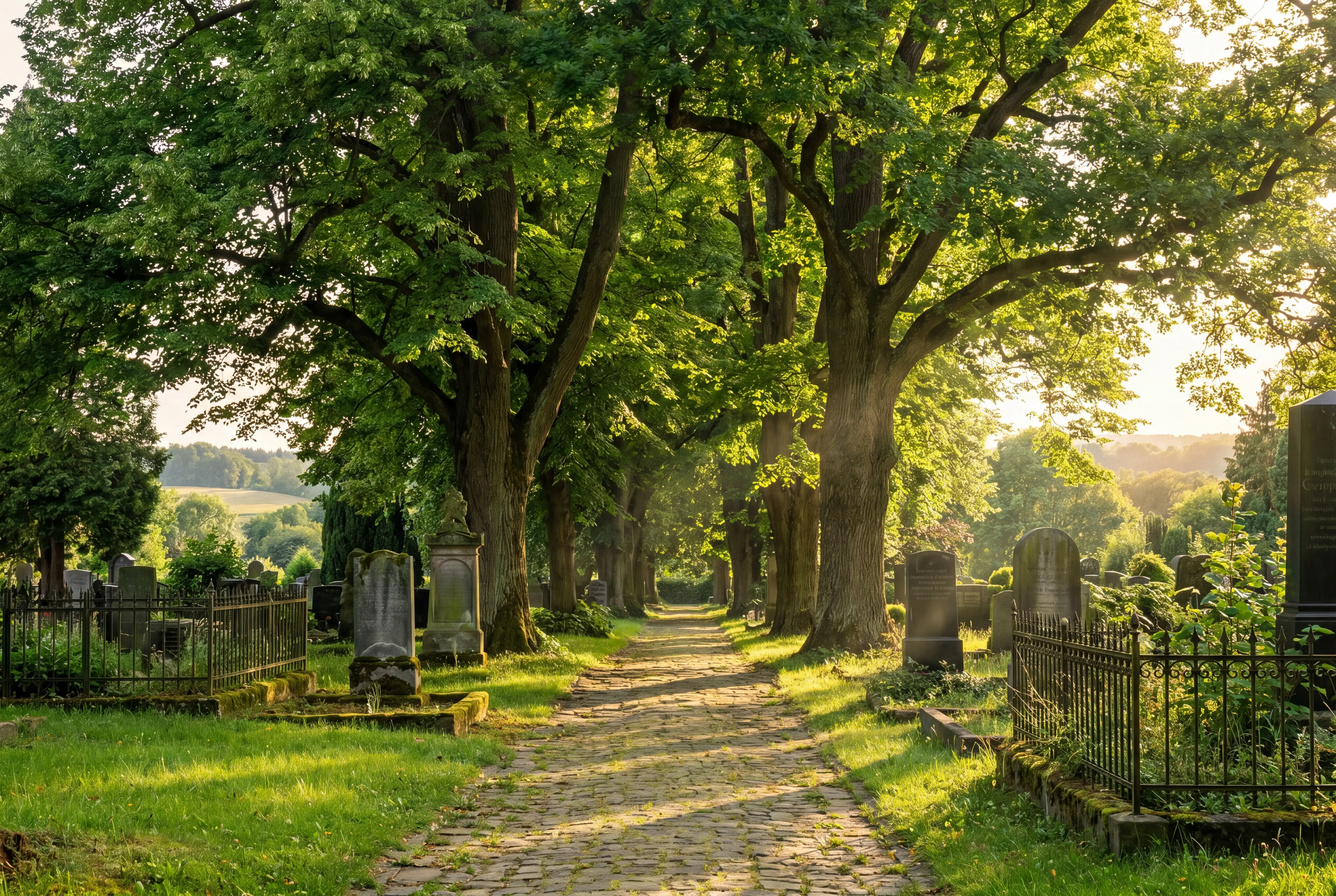 Sonnendurchflutete Friedhofsallee mit alten Bäumen im warmen Abendlicht