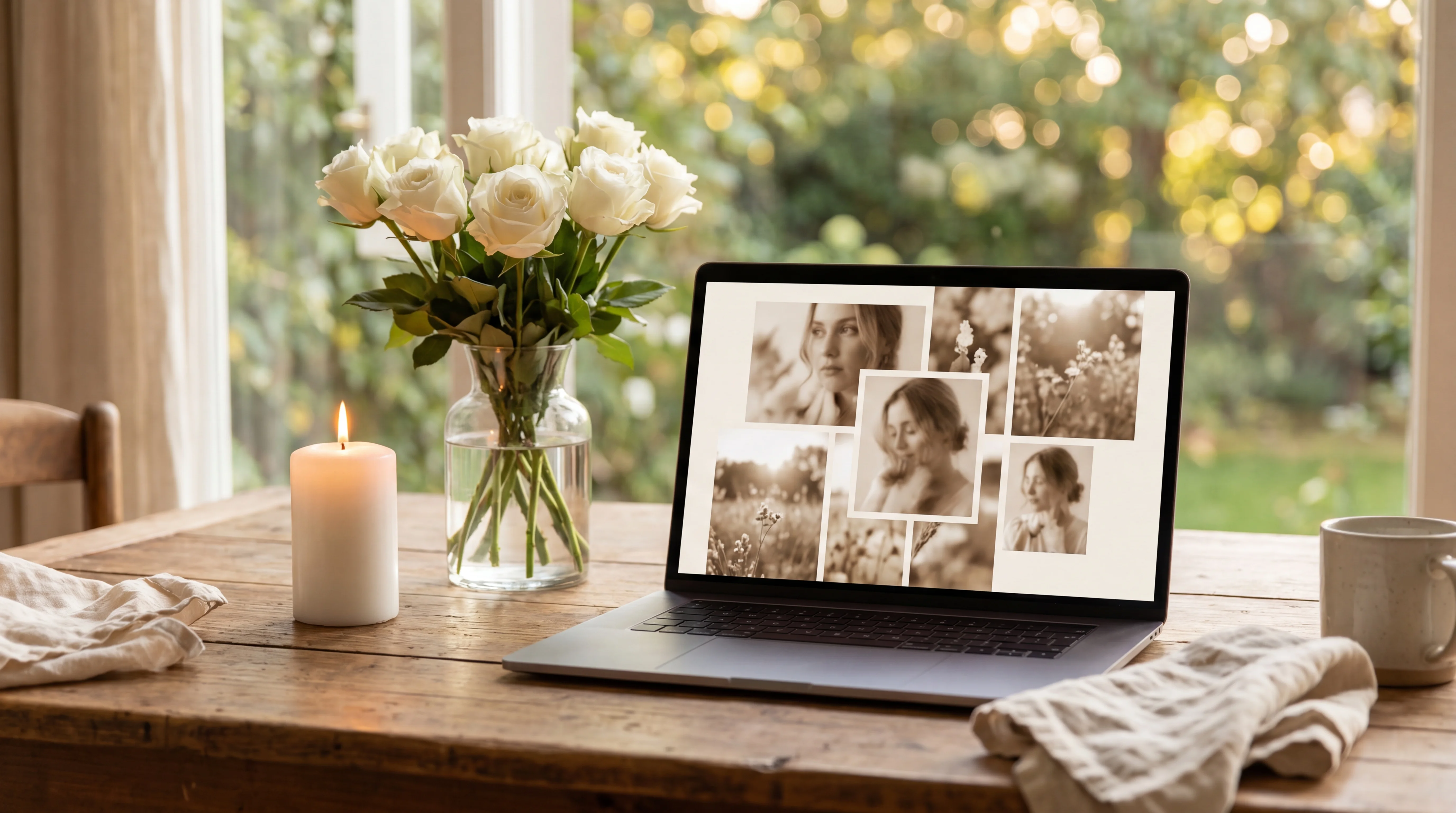 Laptop mit Online-Gedenkportal, weiße Rosen und Kerze auf einem Tisch