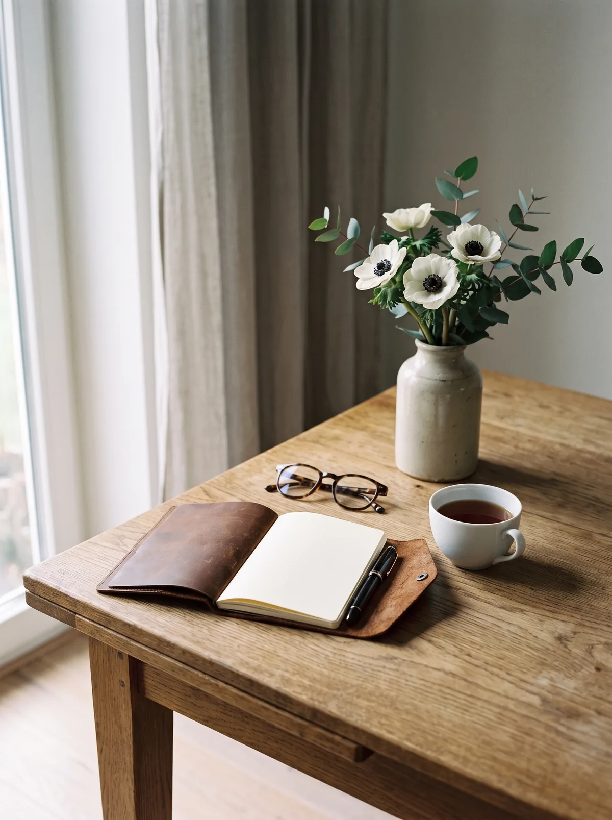 Aufgeschlagenes Notizbuch, Lesebrille, Tee und weiße Anemonen auf einem Eichentisch am Fenster